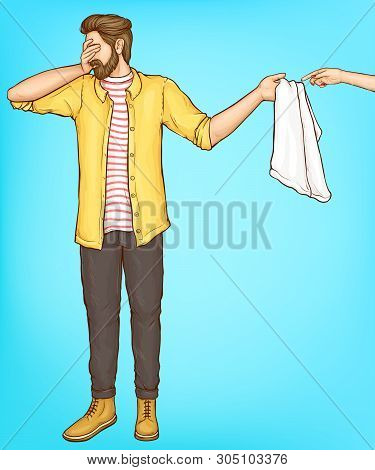 Shy Man Covering Eyes With Hand And Giving Towel To Woman Palm With Red Manicure On Blue Background 