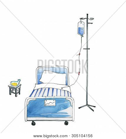 Hospital Room With A Bed, A Dropper, And A Urinal In The Hospital. Humorous Watercolor Illustration
