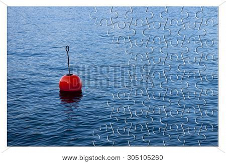Build Your Security Step By Step - Concept Image, With Red Bouy On A Calm Lake, In Jigsaw Puzzle Sha