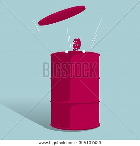 The Businessman Was Trapped In The Oil Barrel. Isolated On Blue Background.