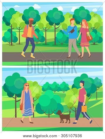 Meeting Of Man And Woman In Park, Passerby On Roller-skates, People Going On Road Near Trees, Walkin