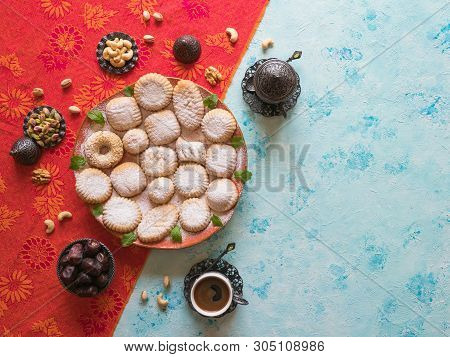 Arabic Cookies Maamoul. Ramadan Sweets Background. Top View.