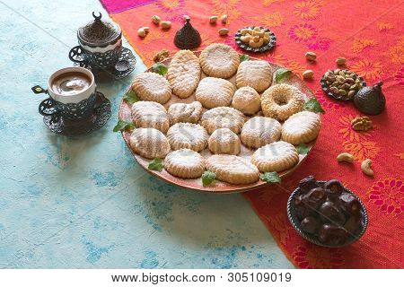 Arabic Cookies Maamoul. Ramadan Sweets Background. Top View.