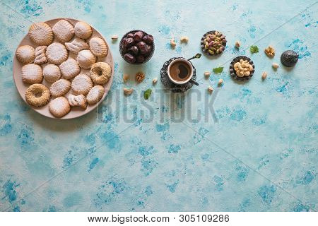 Arabic Cookies Maamoul. Ramadan Sweets Background. Top View.