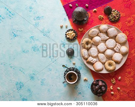 Arabic Cookies Maamoul. Ramadan Sweets Background. Top View.