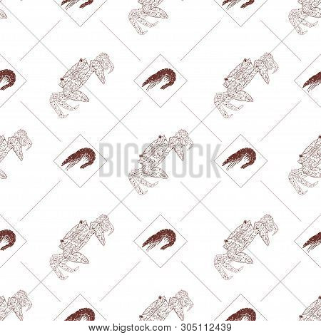 Seamless Pattern With Crabs And Shrimps On A White Background. Vector Illustration