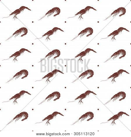 Seamless Pattern With Red Shrimps And Dots On A White Background. Vector Illustration