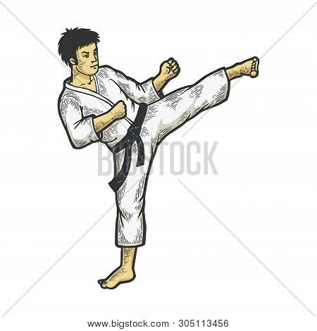Karate Athlete Kick Foot Up On Head Area Color Sketch Engraving Vector Illustration. Scratch Board S