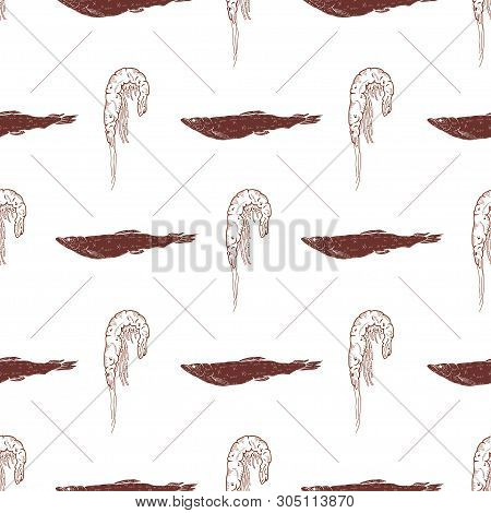 Seamless Pattern With Fish And Shrimps On A White Background. Vector Illustration