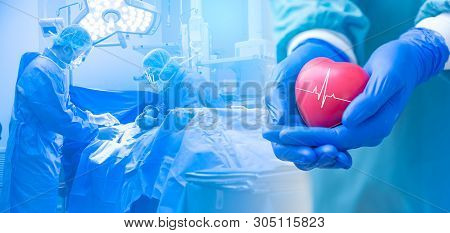 Double Exposure Several Surgeons Surrounding Patient On Operation Table During Their Work And Doctor
