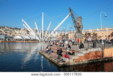 Genoa, Italy, March 31, 2019 - View Of Ancient Harbor (porto Antico) Area Of Genoa, Italy.
