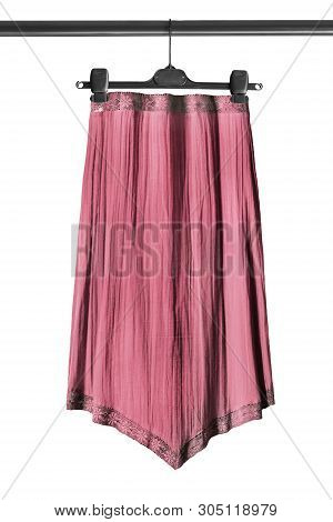 Pink Midi Skirt Hanging On Clothes Rack Isolated Over White