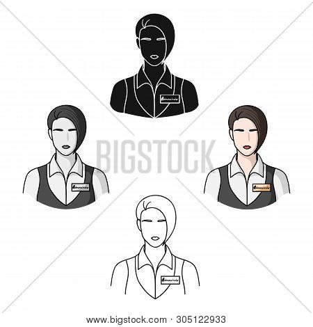 Restaurant Waitress With A Badge Icon In Cartoon, Black Style Isolated On White Background. Restaura