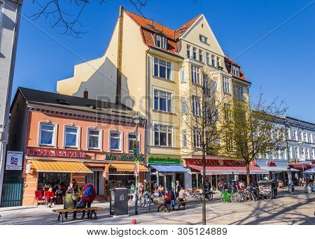 Rostock, Germany - April 17, 2019: Colorful Shoppng Street At The Brink Square Of Rostock, Germany