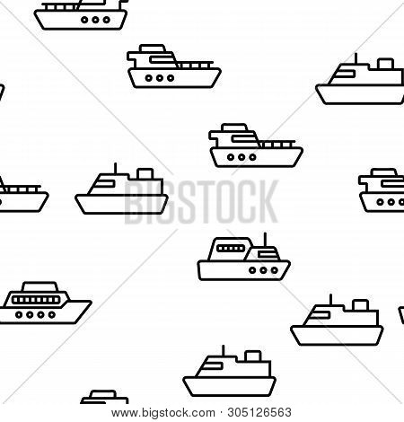 Ferry, Vessel And Ship Vector Color Icons Seamless Pattern. Ferry Front And Side View Linear Symbols