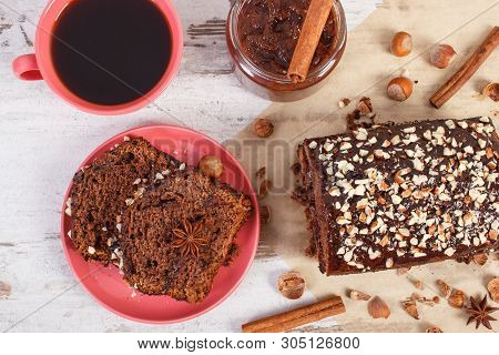 Black Coffee, Dark Cake With Chocolate, Cocoa And Plum Jam, Delicious Dessert