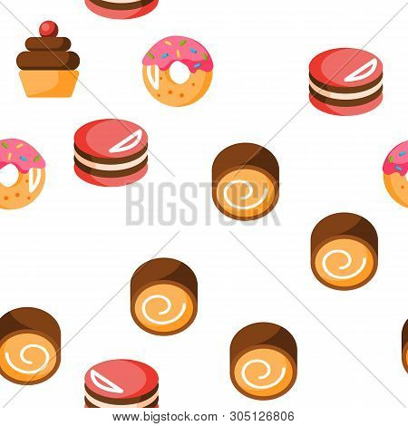 Desserts, Pastry, Sweets Vector Color Icons Seamless Pattern. Tasty Desserts, Delicious Cakes Linear