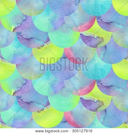 Mermaid Or Fish Scale Seamless Pattern With Watercolour Texture. Vibrant Mermaid Scale Ornament. Han