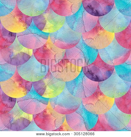 Mermaid Or Fish Scale Seamless Pattern With Watercolour Texture. Blue And Pink Mermaid Scale Ornamen