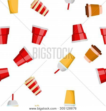 Disposable Plastic Cup Linear Vector Icons Seamless Pattern. Coffee To Go Cup Thin Line Contour Symb