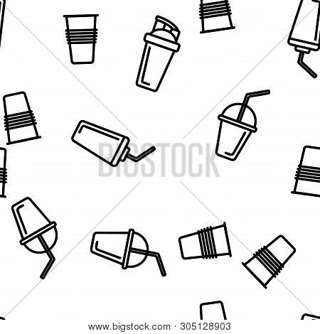 Disposable Plastic Cup Linear Vector Icons Seamless Pattern. Coffee To Go Cup Thin Line Contour Symb