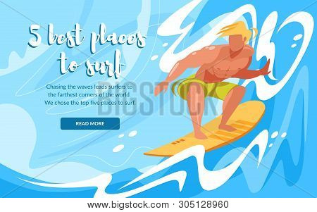 5 Best Places To Surf Horizontal Banner With Young Man Riding Surfing Board By Ocean Waves. Sportsma