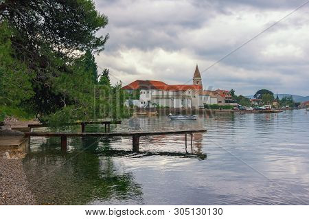 Beautiful Mediterranean Landscape On A Cloudy Day. Montenegro, Adriatic Sea, Kotor Bay. View Of The 