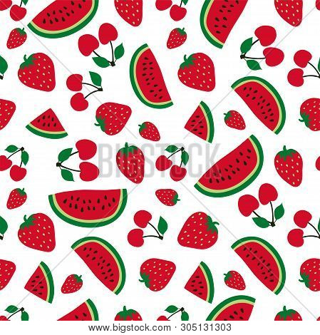Watermelon, Cherry And Strawberry Seamless Pattern. Red Berry. Sweet Fruits. Fashion Design. Food Pr