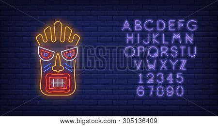 Bright Tiki Idol Neon Sign. Tribal Mask, Ancient Culture Design. Night Bright Neon Sign, Colorful Bi