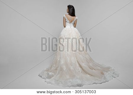Back View Of A Sensual Female Model In Long Wendding Dress, Isolated On A White Background.
