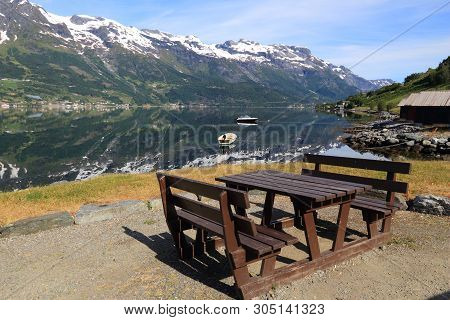 Norway Fiord Landscape - Part Of Hardanger Fjord Called Sorfjord. Morning View With Rest Place Picni