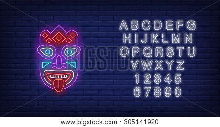 Colorful Tribal Mask Neon Sign. Tiki Idol, Ancient Culture Design. Night Bright Neon Sign, Colorful 