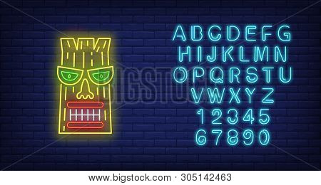Bright Wooden Tribal Mask Neon Sign. Tiki Idol, Ancient Culture Design. Night Bright Neon Sign, Colo