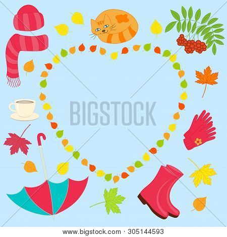 Vector Colorful Autumn Set In A Heart Of Leaves: Umbrella, Boots, Gloves, Rowan, Cat, Tea, Hat On Bl