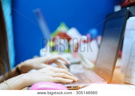 Female Hand Holding Computer Nootbook For Office Work, Business Concept, Close-up View Of Hands Busi