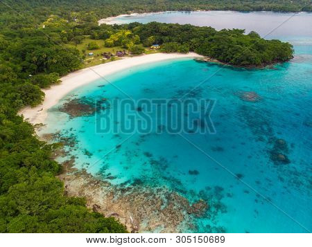 Drone view Champagne Beach, Vanuatu, Espiritu Santo island, near Luganville,  South Pacific