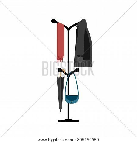 Clothes Hanger With Jacket. Furniture For Hall In Flat Style.