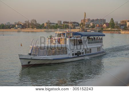 Krasnodar, Russia, May 5, 2019. Kuban River In The Evening In Krasnodar, Pier And River Tram On The 