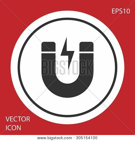 Grey Magnet With Lightning Icon Isolated On Red Background. Horseshoe Magnet, Magnetism, Magnetize, 