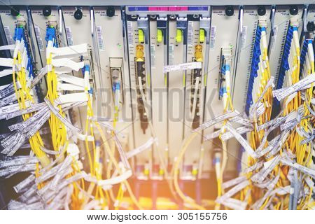 Optical Fiber And Card Equipment Background In Telecommunications Optical Select Focus. Fiber Type L