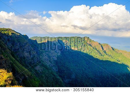 Beautiful View From Mountain Green Valley Stream Landscape Clouds On The Blue Sky, Khao Khieo Sun No