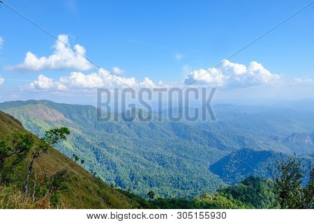 Beautiful View From Mountain Green Valley Stream Landscape To River And Clouds On The Blue Sky, Khao