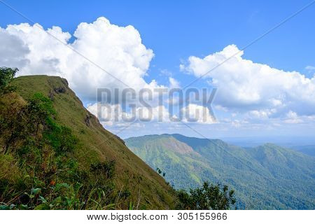 Beautiful View From Mountain Green Valley Stream Landscape To River And Clouds On The Blue Sky, Khao
