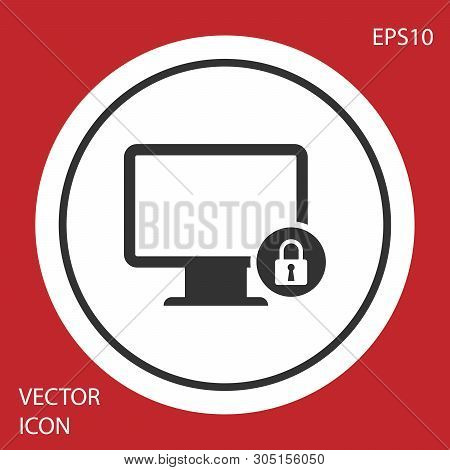 Grey Lock On Computer Monitor Screen Icon Isolated On Red Background. Monitor And Padlock. Security,