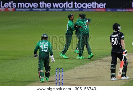 LONDON, ENGLAND. 05 JUNE 2019: Mosaddek Hossain of Bangladesh celebrates taking the wicket of James Neesham of New Zealand  during the Bangladesh v New Zealand, ICC Cricket World Cup match