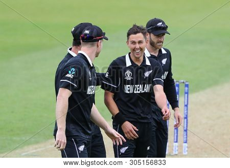 LONDON, ENGLAND. 05 JUNE 2019: Martin Guptill of New Zealand celebrates taking the wicket of Mosaddek Hossain of Bangladesh during the Bangladesh v New Zealand, ICC Cricket World Cup match