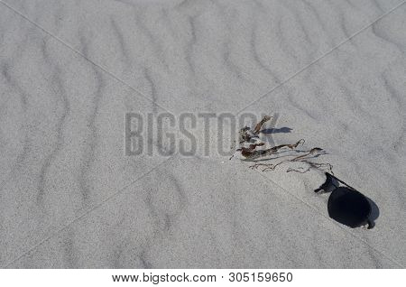 Sun Glasses On The Beach In White Sand. Partially Winded By The Sand Sands In The Blink Of Dry Seawe