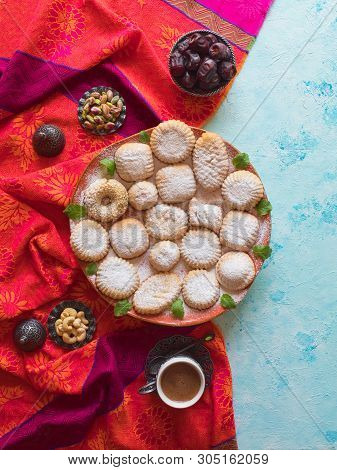 Maamoul - Arabic Homemade Cookies Filled With Dates, Pistachios And Walnuts. Top View.