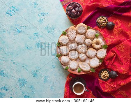 Maamoul - Arabic Homemade Cookies Filled With Dates, Pistachios And Walnuts. Top View.