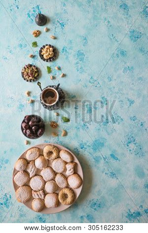 Maamoul - Arabic Homemade Cookies Filled With Dates, Pistachios And Walnuts. Top View.